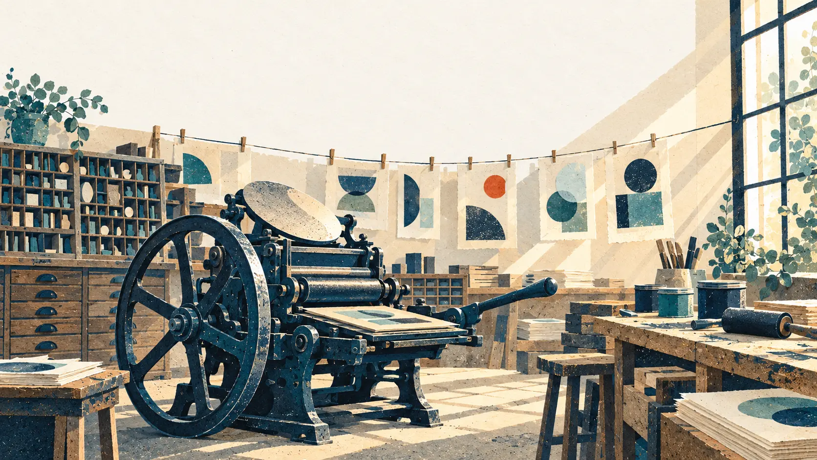 A letterpress print workshop with prints drying on lines, paper-cut illustration
